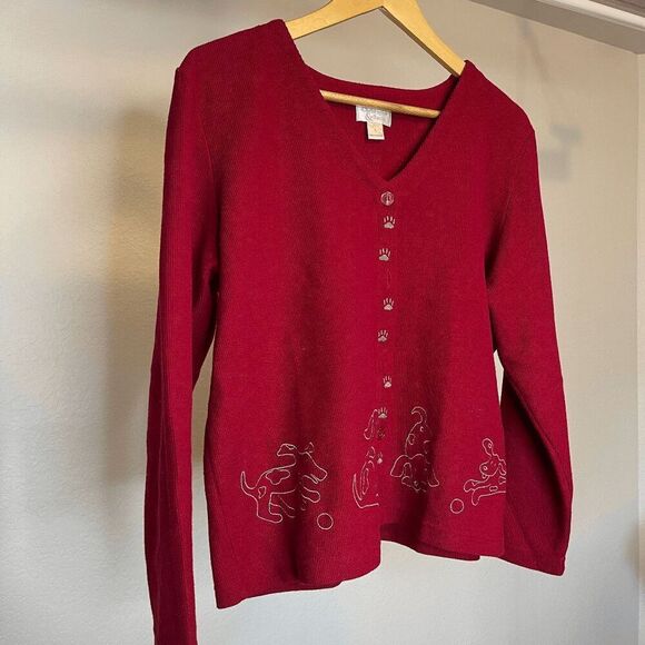 Christopher & Banks Red Dog Paw Print Button Front Cardigan Sweater - Picture 5 of 7